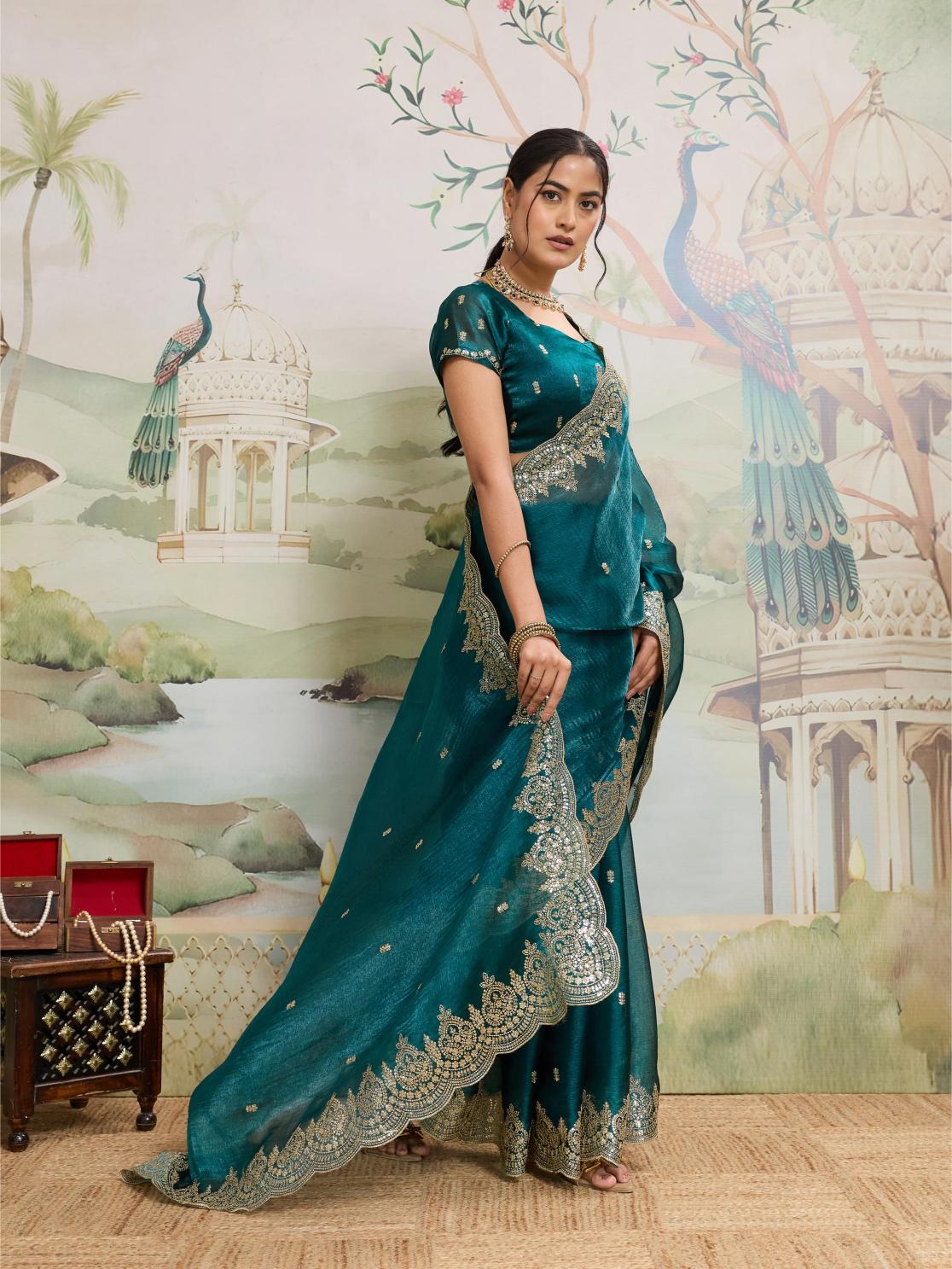 Dwija Fashion Teal Blue Party Wear Embroidered Jimmy Choo Organza Saree With Unstitched Blouse