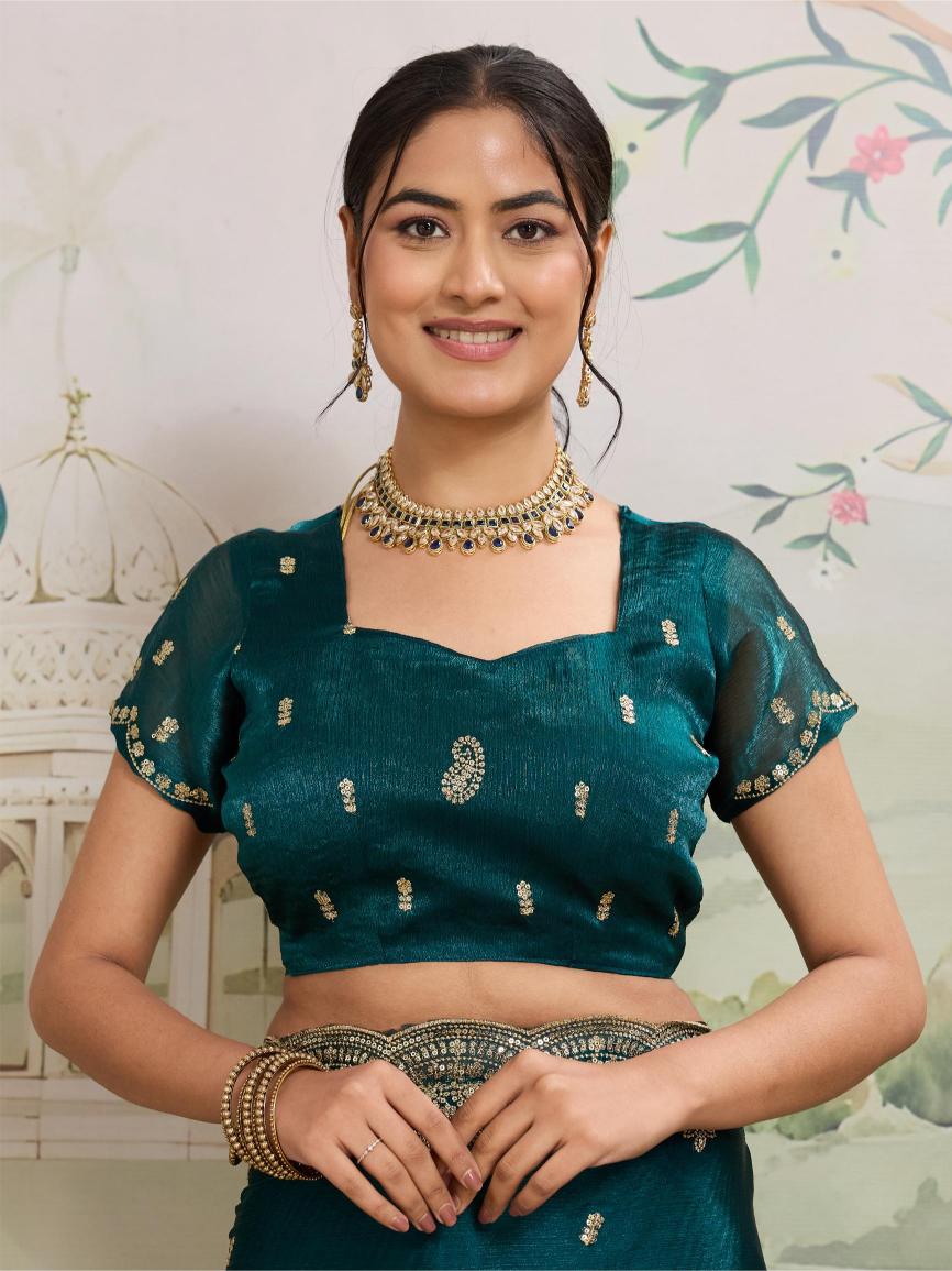 Dwija Fashion Teal Blue Party Wear Embroidered Jimmy Choo Organza Saree With Unstitched Blouse