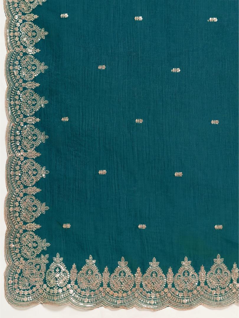 Dwija Fashion Teal Blue Party Wear Embroidered Jimmy Choo Organza Saree With Unstitched Blouse