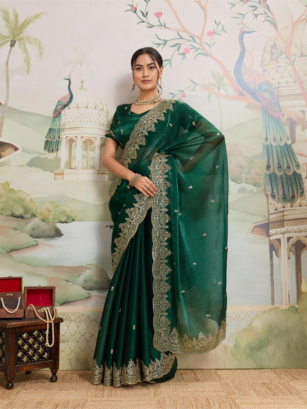 Dwija Fashion Green Party Wear Embroidered Jimmy Choo Organza Saree With Unstitched Blouse