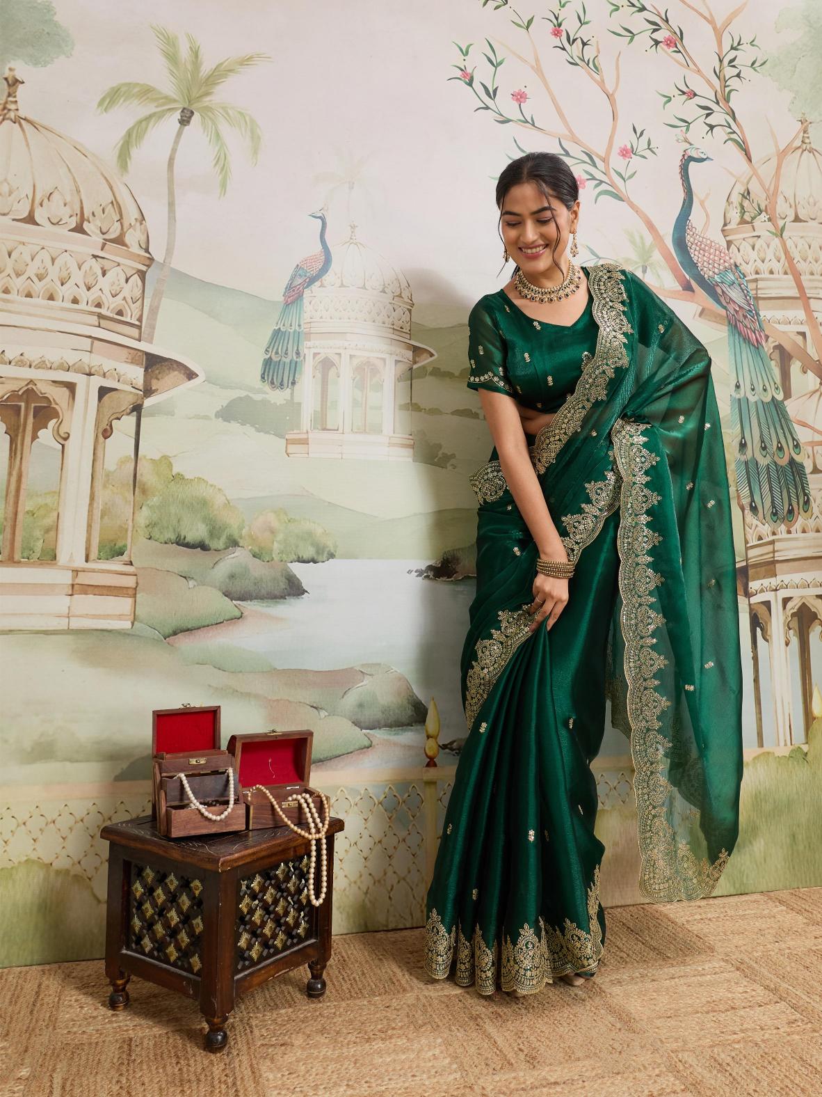 Dwija Fashion Green Party Wear Embroidered Jimmy Choo Organza Saree With Unstitched Blouse