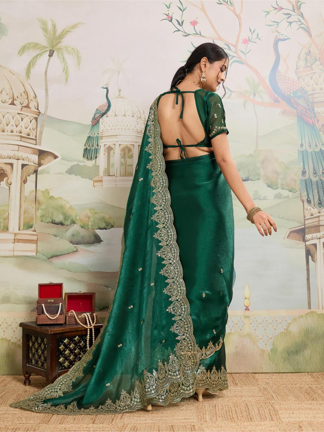 Dwija Fashion Green Party Wear Embroidered Jimmy Choo Organza Saree With Unstitched Blouse