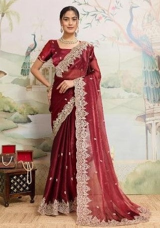Dwija Fashion Maroon Party Wear Embroidered Jimmy Choo Organza Saree With Unstitched Blouse