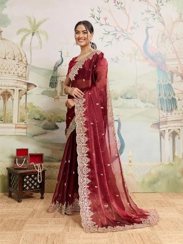 Dwija Fashion Maroon Party Wear Embroidered Jimmy Choo Organza Saree With Unstitched Blouse