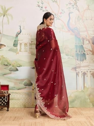 Dwija Fashion Maroon Party Wear Embroidered Jimmy Choo Organza Saree With Unstitched Blouse