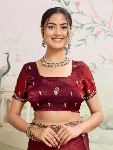 Dwija Fashion Maroon Party Wear Embroidered Jimmy Choo Organza Saree With Unstitched Blouse
