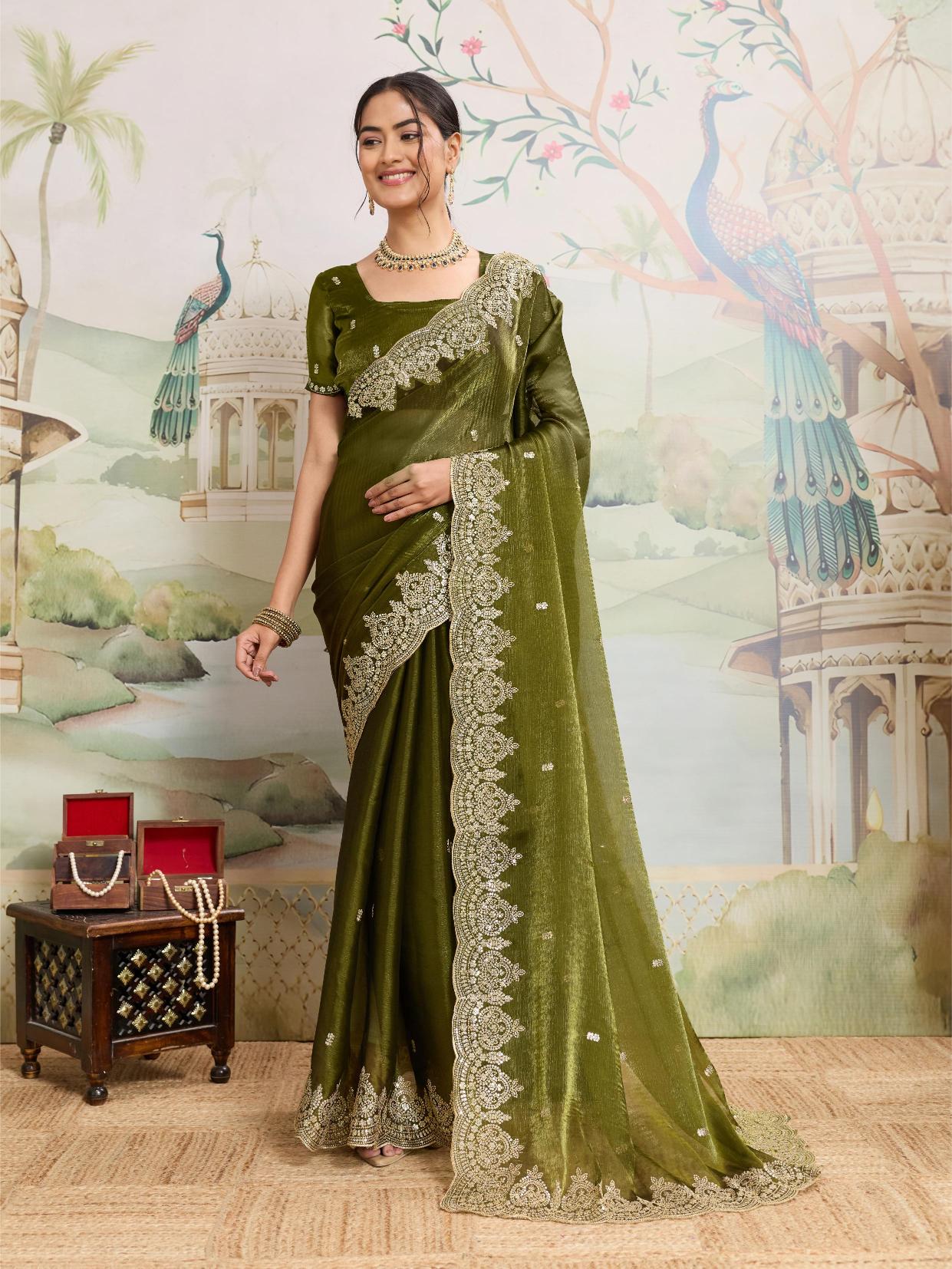 Dwija Fashion Green Party Wear Embroidered Jimmy Choo Organza Saree With Unstitched Blouse