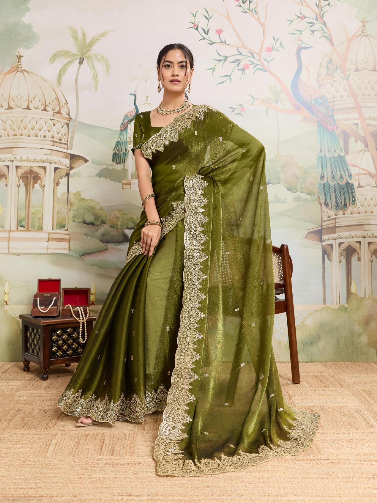 Dwija Fashion Green Party Wear Embroidered Jimmy Choo Organza Saree With Unstitched Blouse