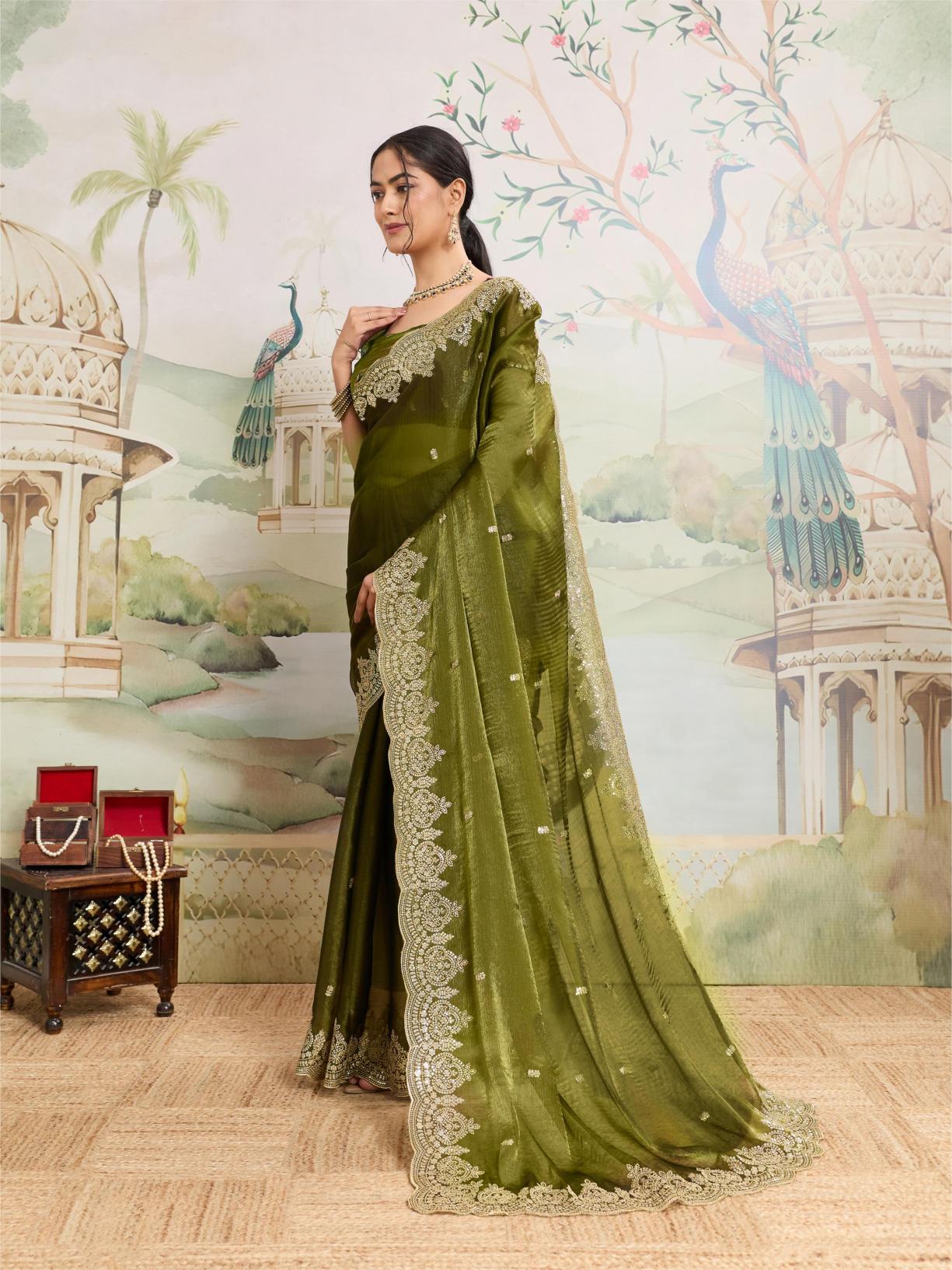 Dwija Fashion Green Party Wear Embroidered Jimmy Choo Organza Saree With Unstitched Blouse