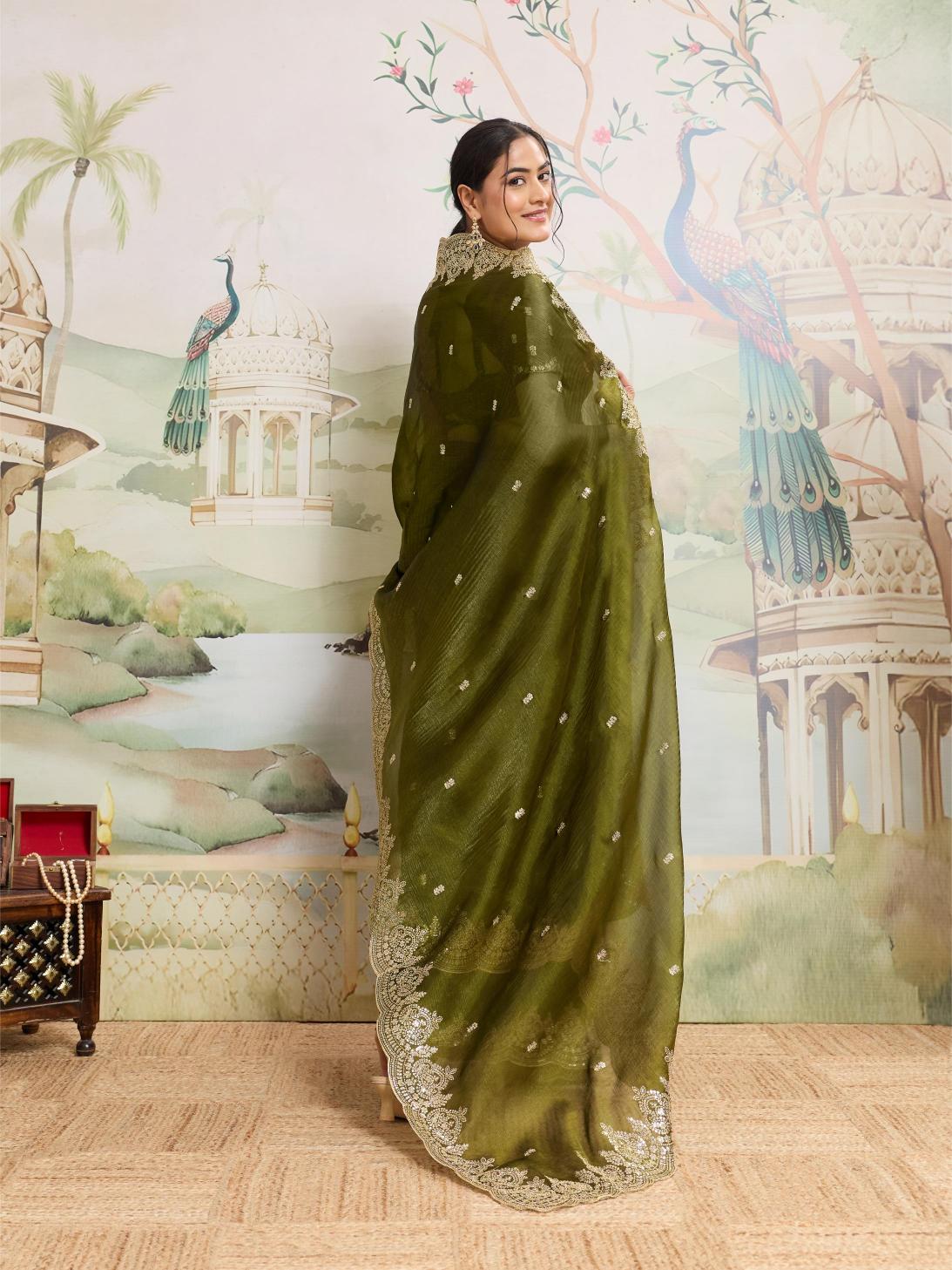 Dwija Fashion Green Party Wear Embroidered Jimmy Choo Organza Saree With Unstitched Blouse