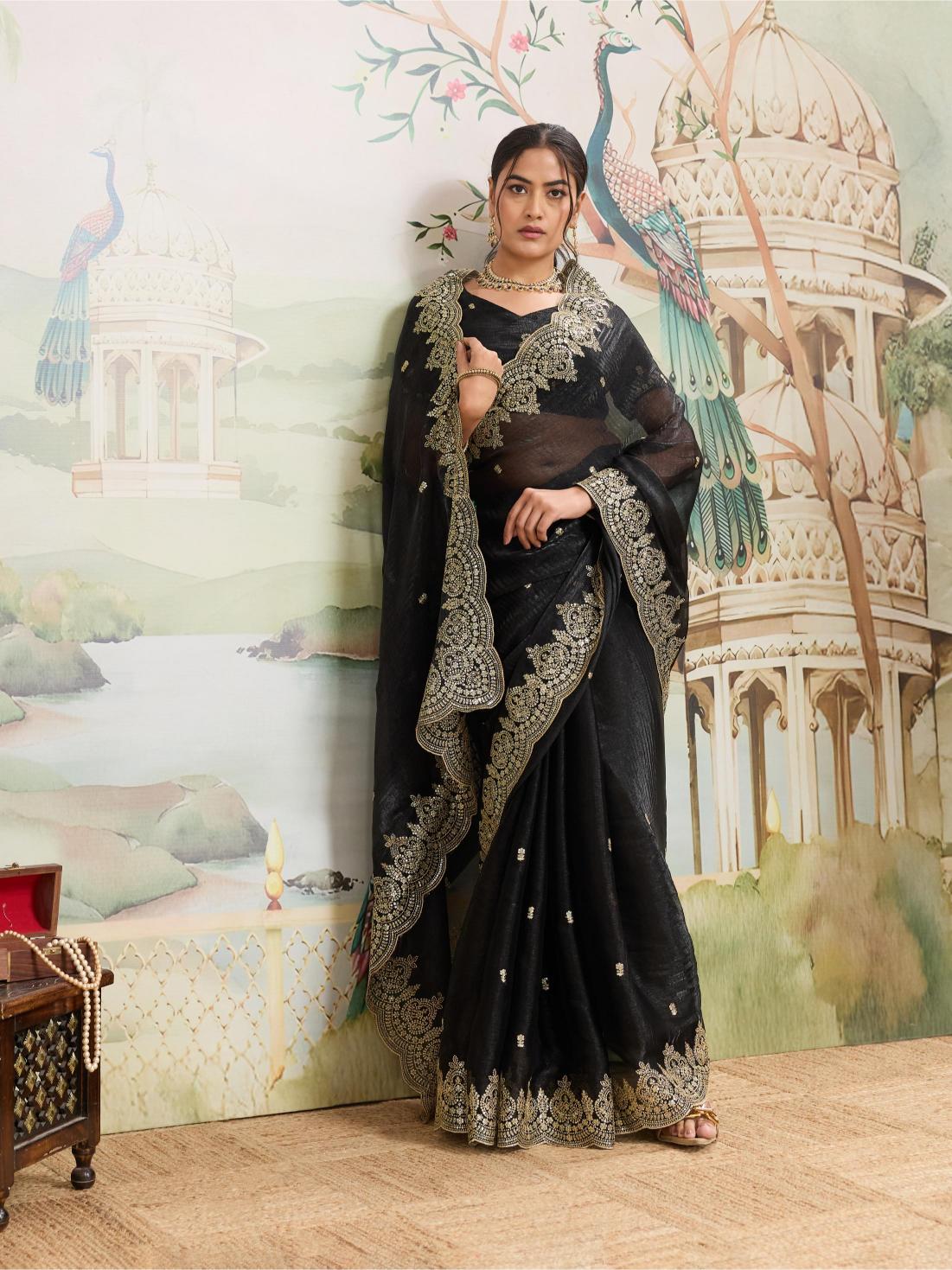 Dwija Fashion Black Party Wear Embroidered Jimmy Choo Organza Saree With Unstitched Blouse