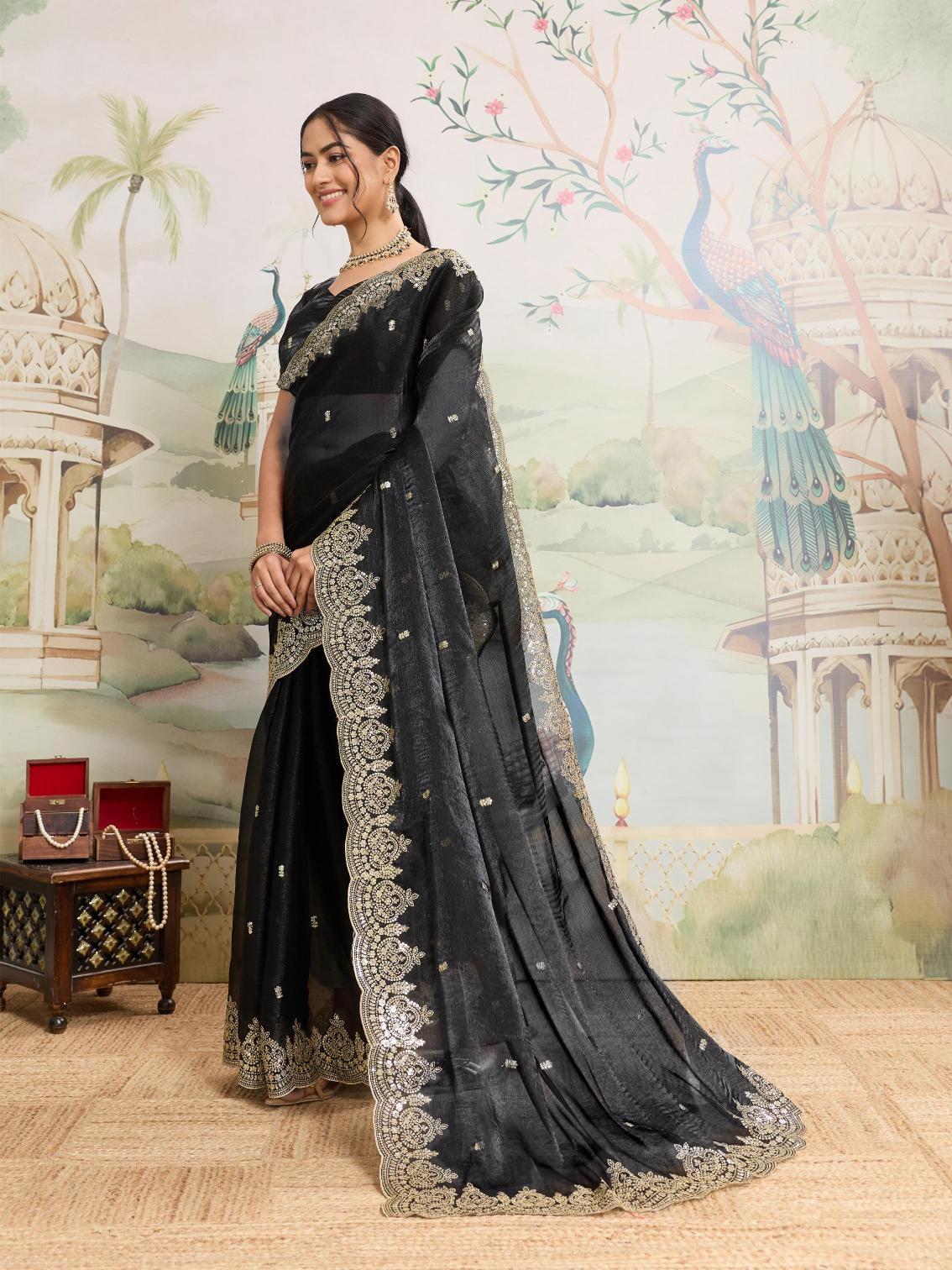 Dwija Fashion Black Party Wear Embroidered Jimmy Choo Organza Saree With Unstitched Blouse