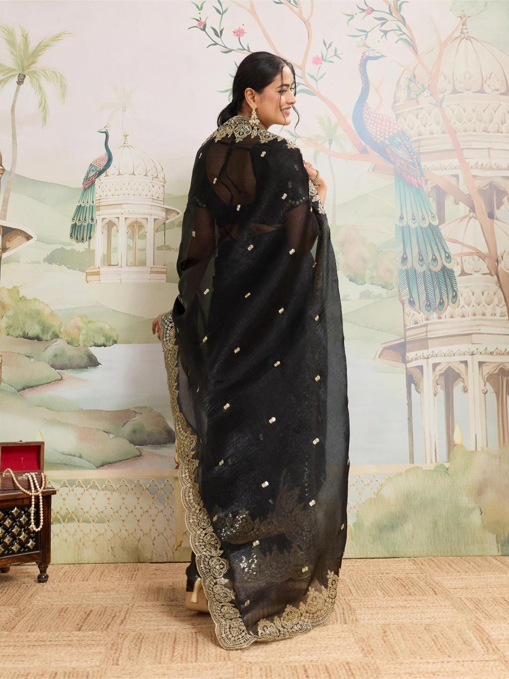 Dwija Fashion Black Party Wear Embroidered Jimmy Choo Organza Saree With Unstitched Blouse