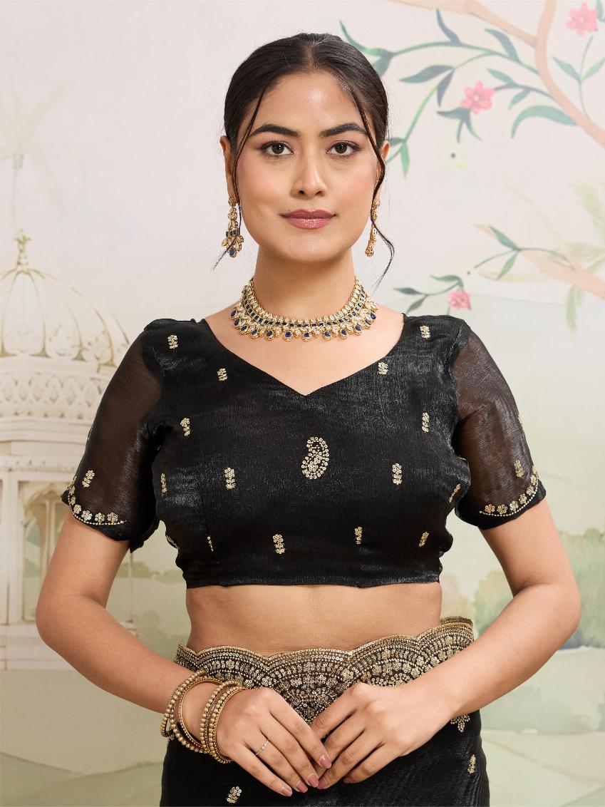 Dwija Fashion Black Party Wear Embroidered Jimmy Choo Organza Saree With Unstitched Blouse