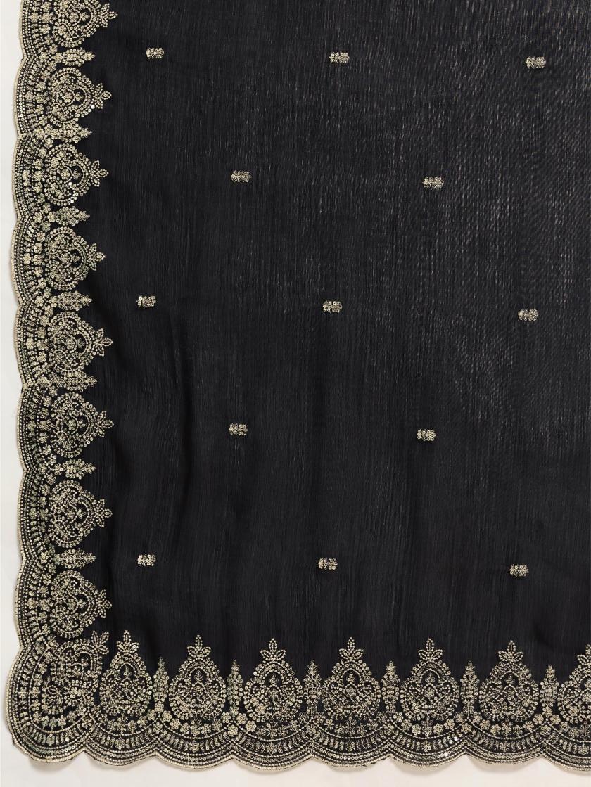Dwija Fashion Black Party Wear Embroidered Jimmy Choo Organza Saree With Unstitched Blouse