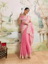 Dwija Fashion Pink Party Wear Embroidered Jimmy Choo Organza Saree With Unstitched Blouse