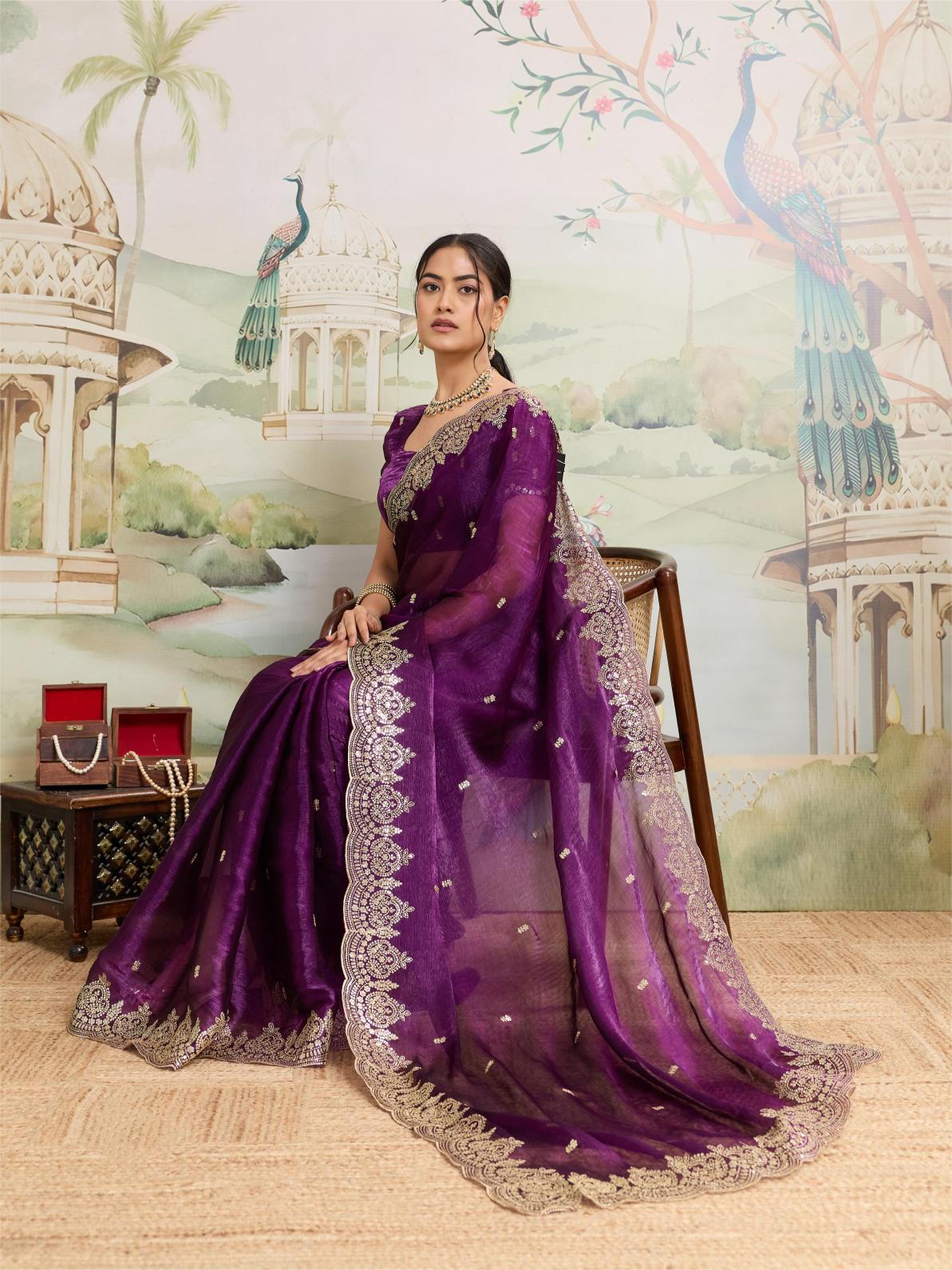 Dwija Fashion Purple Party Wear Embroidered Jimmy Choo Organza Saree With Unstitched Blouse