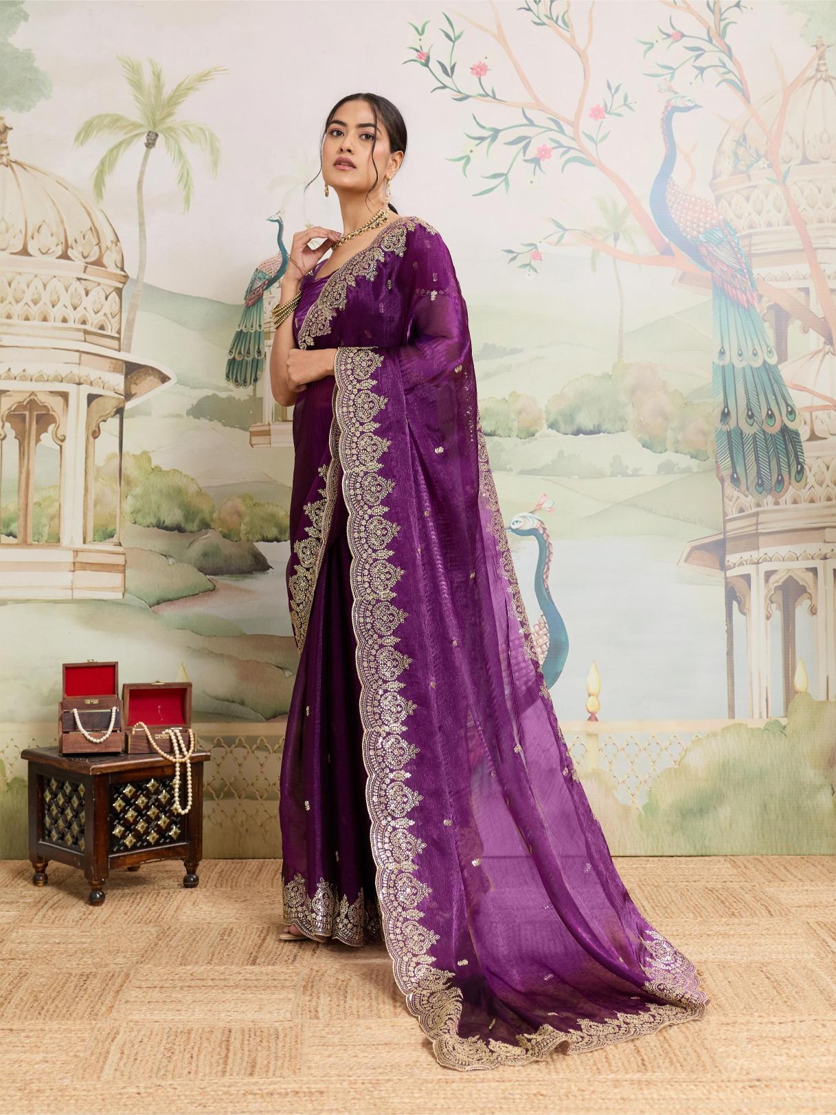 Dwija Fashion Purple Party Wear Embroidered Jimmy Choo Organza Saree With Unstitched Blouse