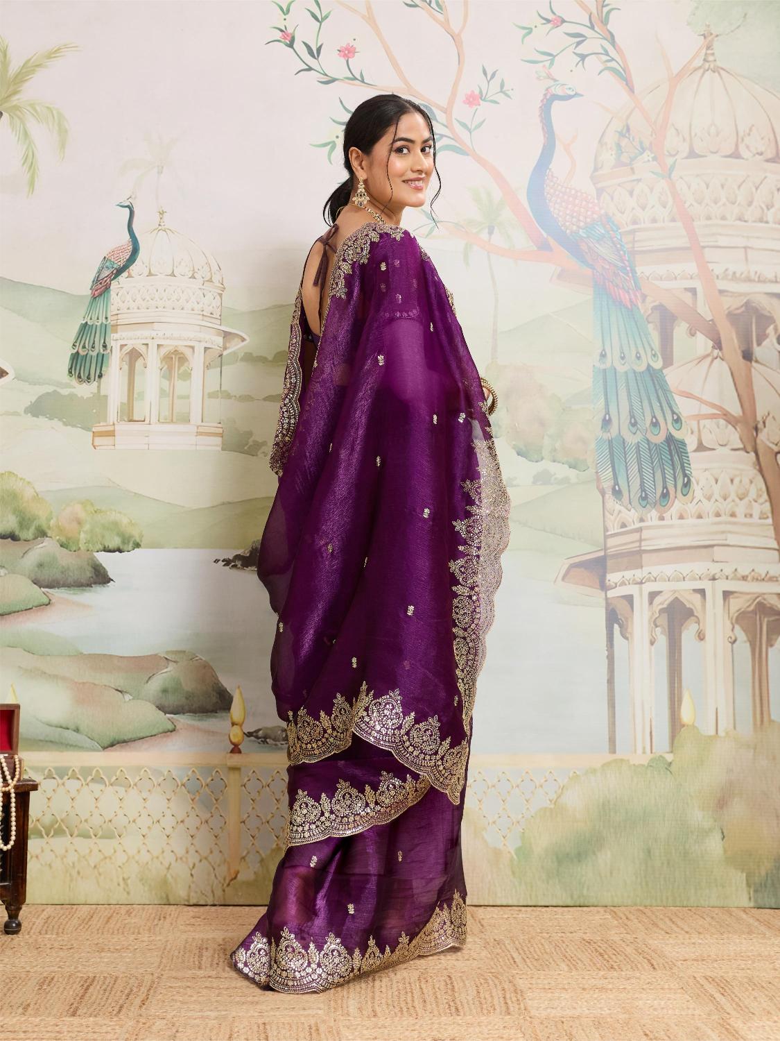 Dwija Fashion Purple Party Wear Embroidered Jimmy Choo Organza Saree With Unstitched Blouse