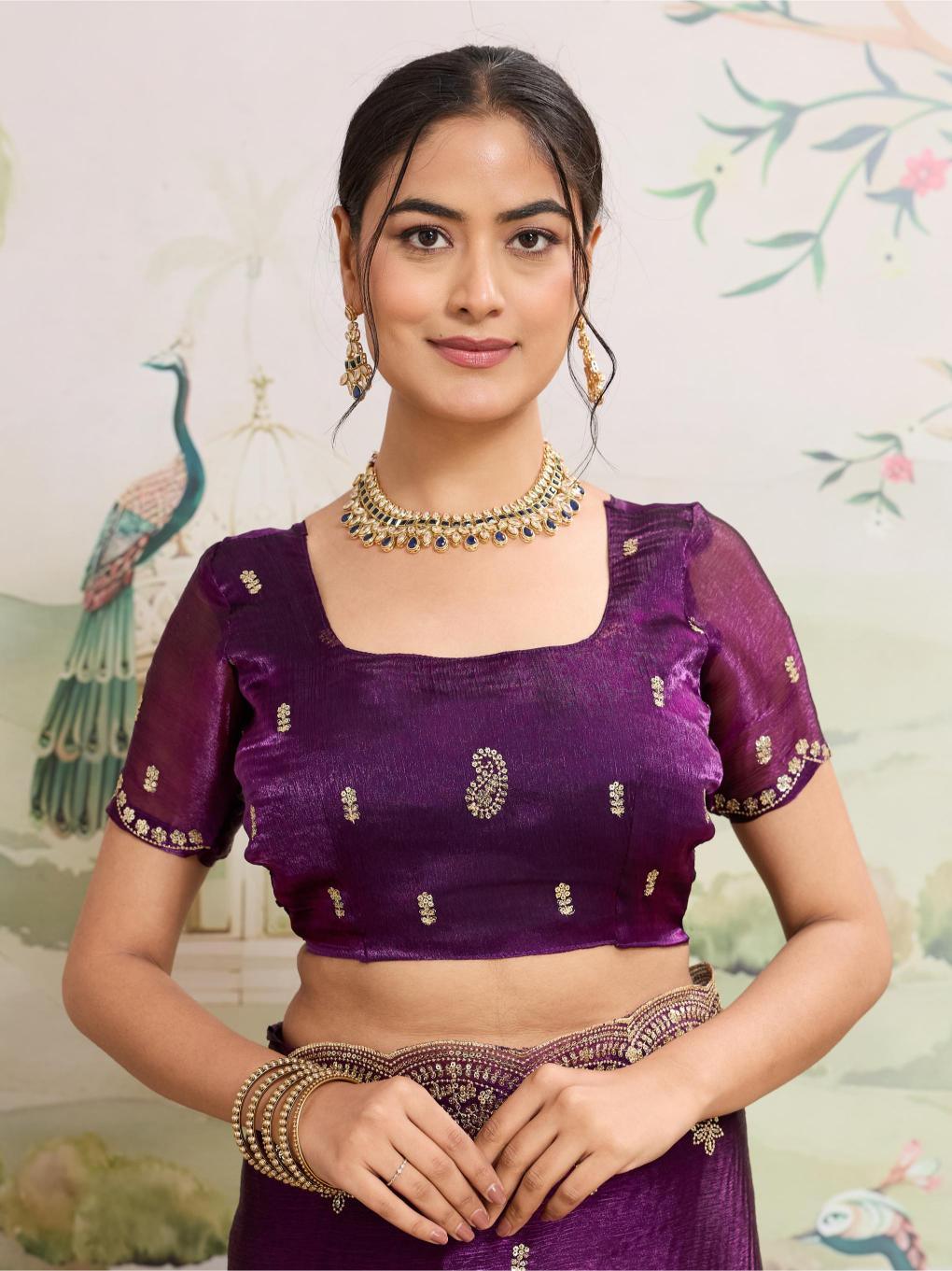 Dwija Fashion Purple Party Wear Embroidered Jimmy Choo Organza Saree With Unstitched Blouse