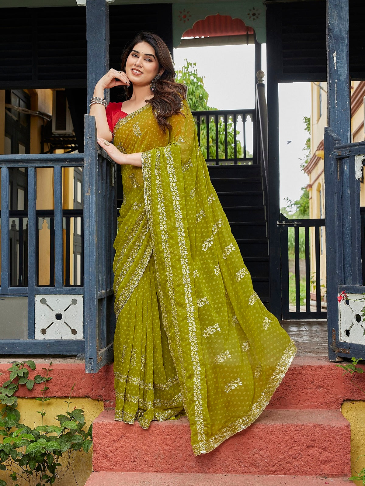 Dwija Fashion Green Party Wear Embroidered Georgette Saree With Unstitched Blouse