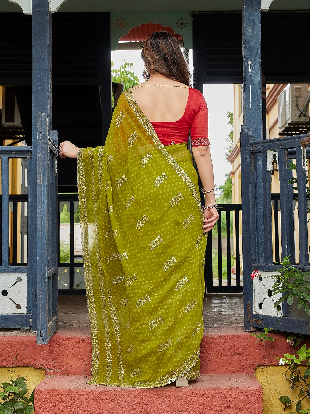 Dwija Fashion Green Party Wear Embroidered Georgette Saree With Unstitched Blouse