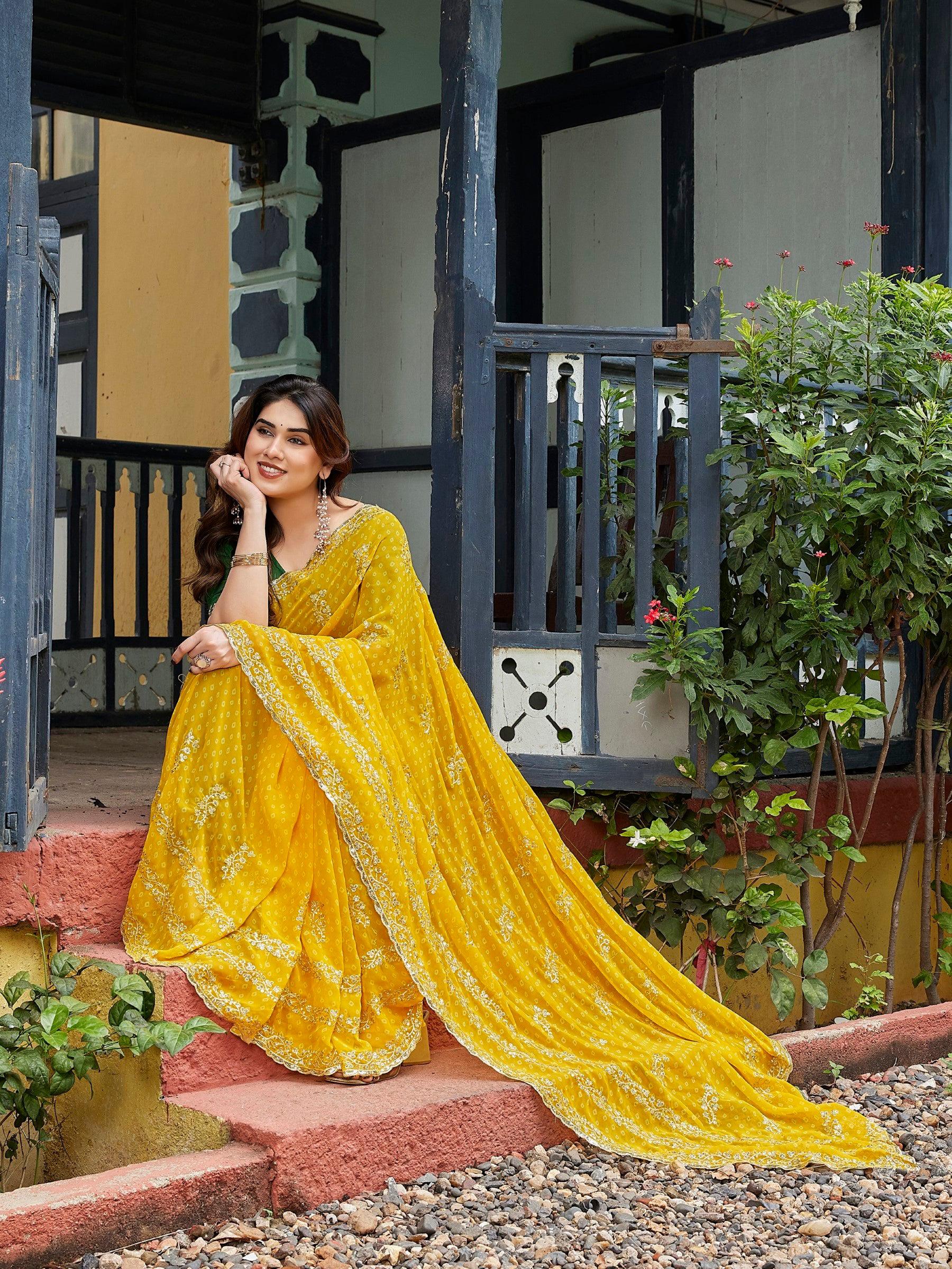 Dwija Fashion Yellow Party Wear Embroidered Georgette Saree With Unstitched Blouse