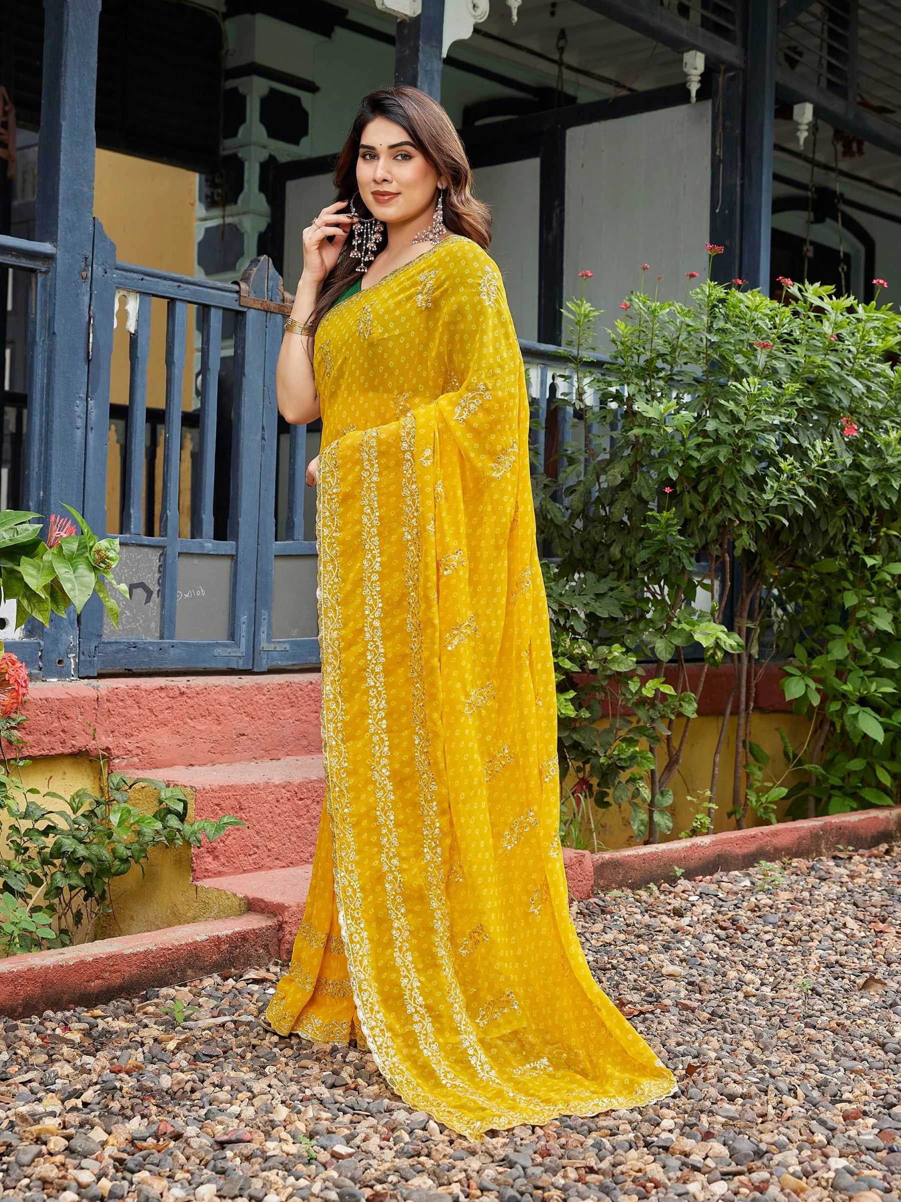 Dwija Fashion Yellow Party Wear Embroidered Georgette Saree With Unstitched Blouse