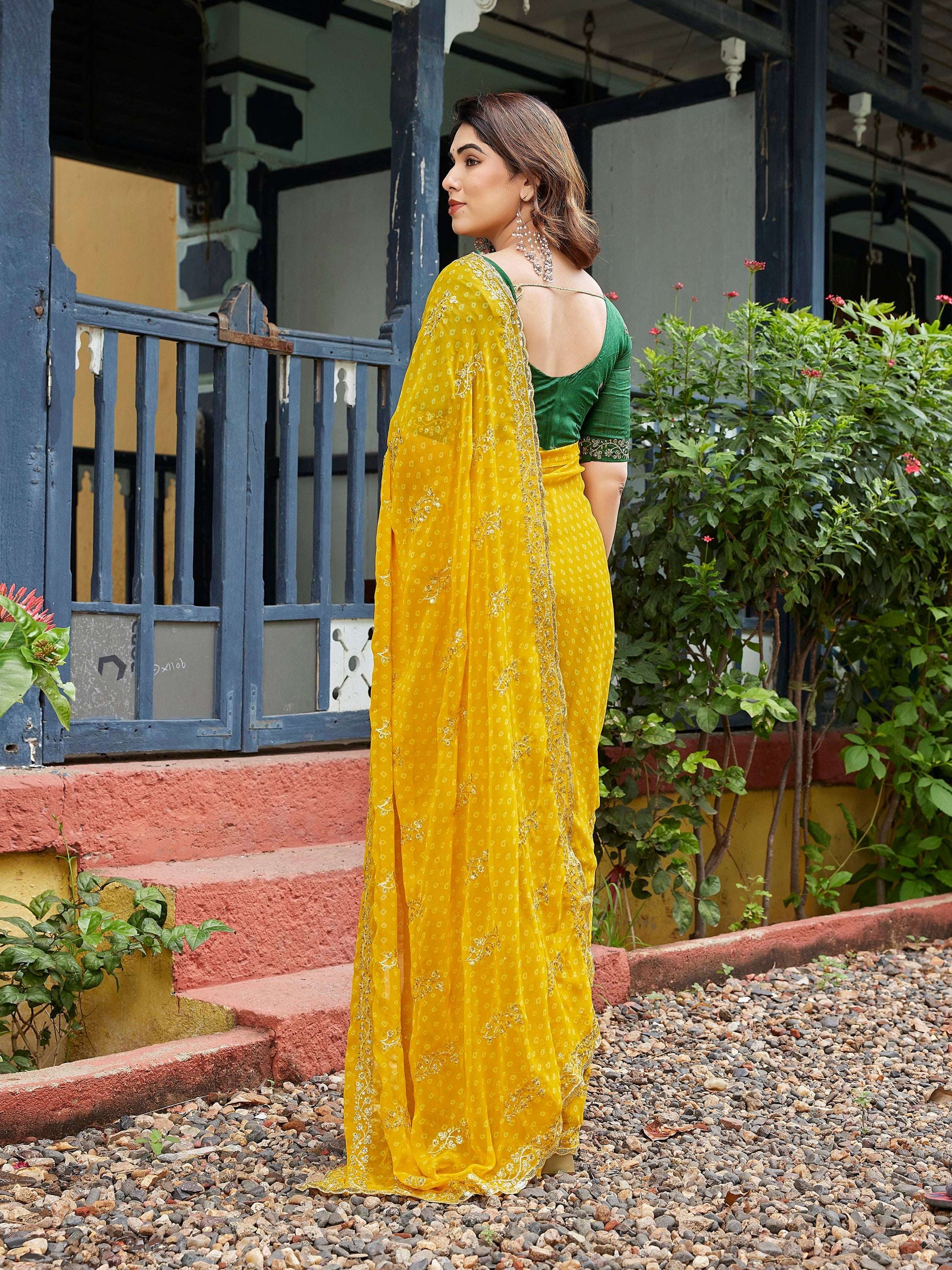 Dwija Fashion Yellow Party Wear Embroidered Georgette Saree With Unstitched Blouse