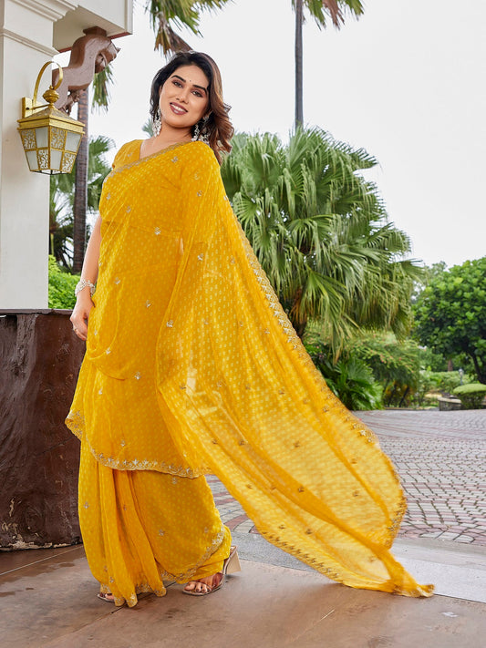 Dwija Fashion Yellow Party Wear Embroidered Georgette Saree With Unstitched Blouse