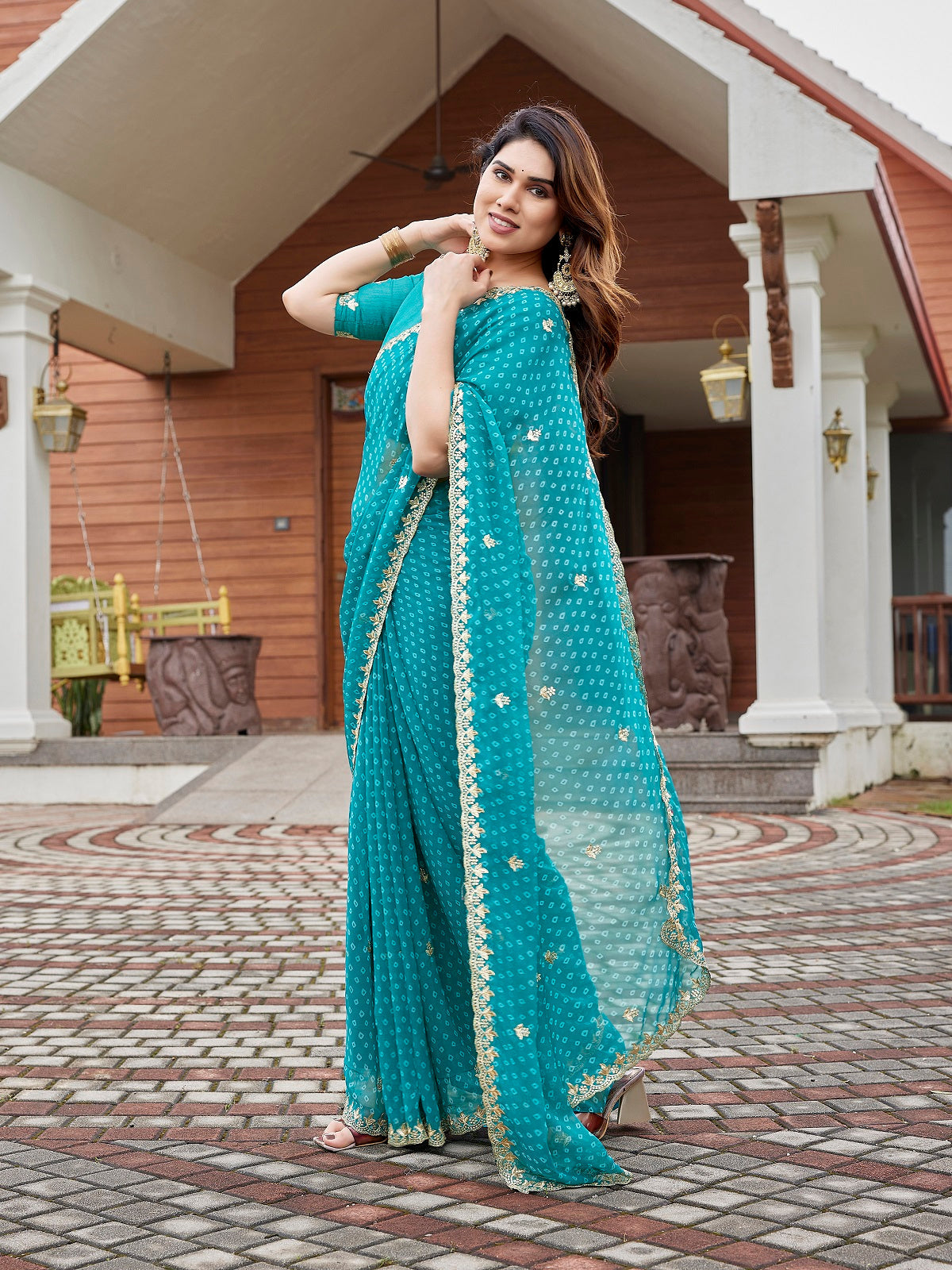 Dwija Fashion Turquoise Blue Party Wear Embroidered Georgette Saree With Unstitched Blouse