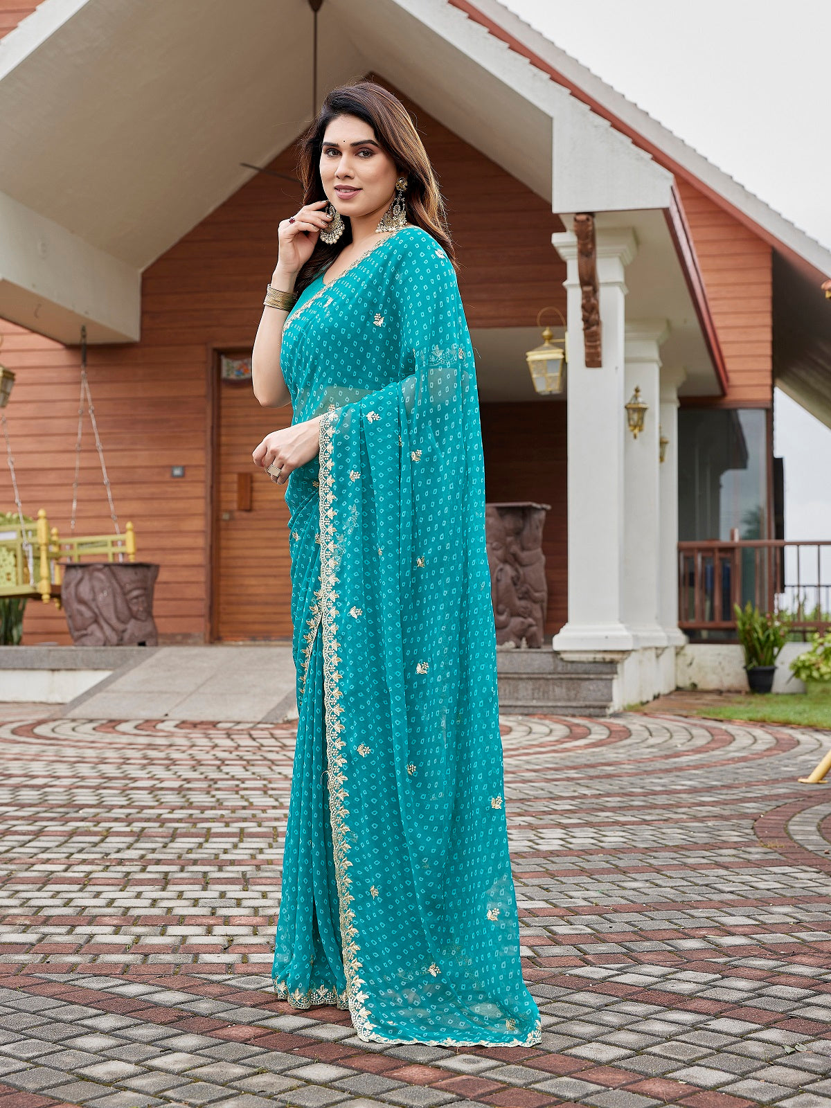 Dwija Fashion Turquoise Blue Party Wear Embroidered Georgette Saree With Unstitched Blouse