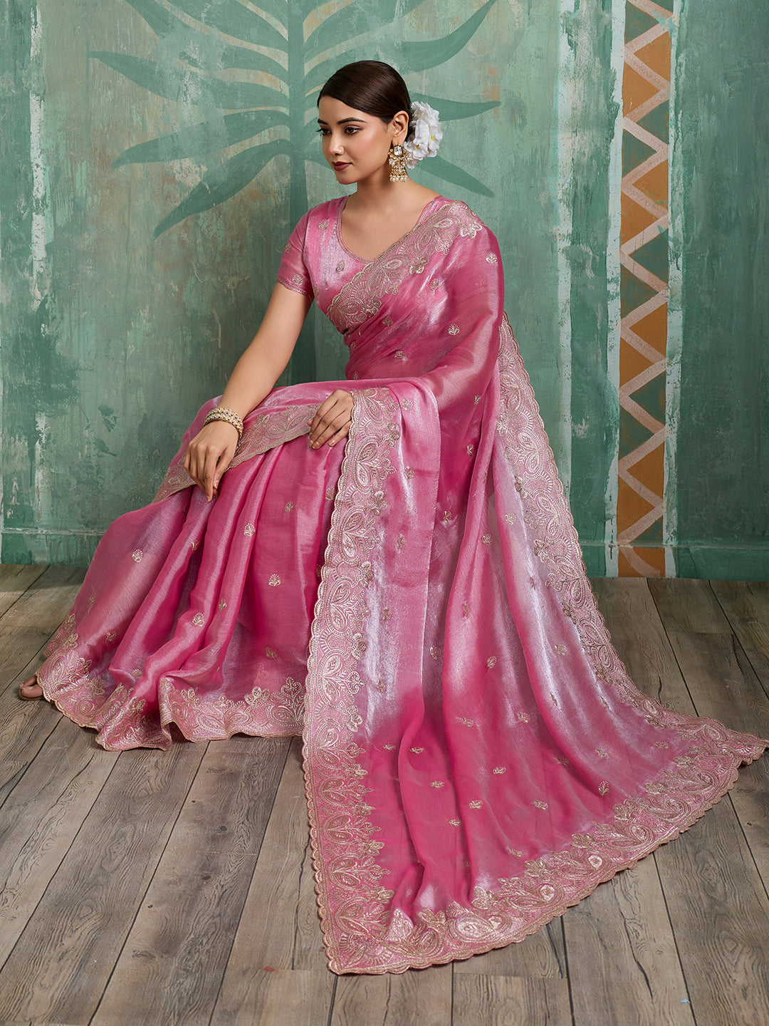 Dwija Fashion Pink Party Wear Embroidered Jimmy Choo Organza Saree With Unstitched Blouse