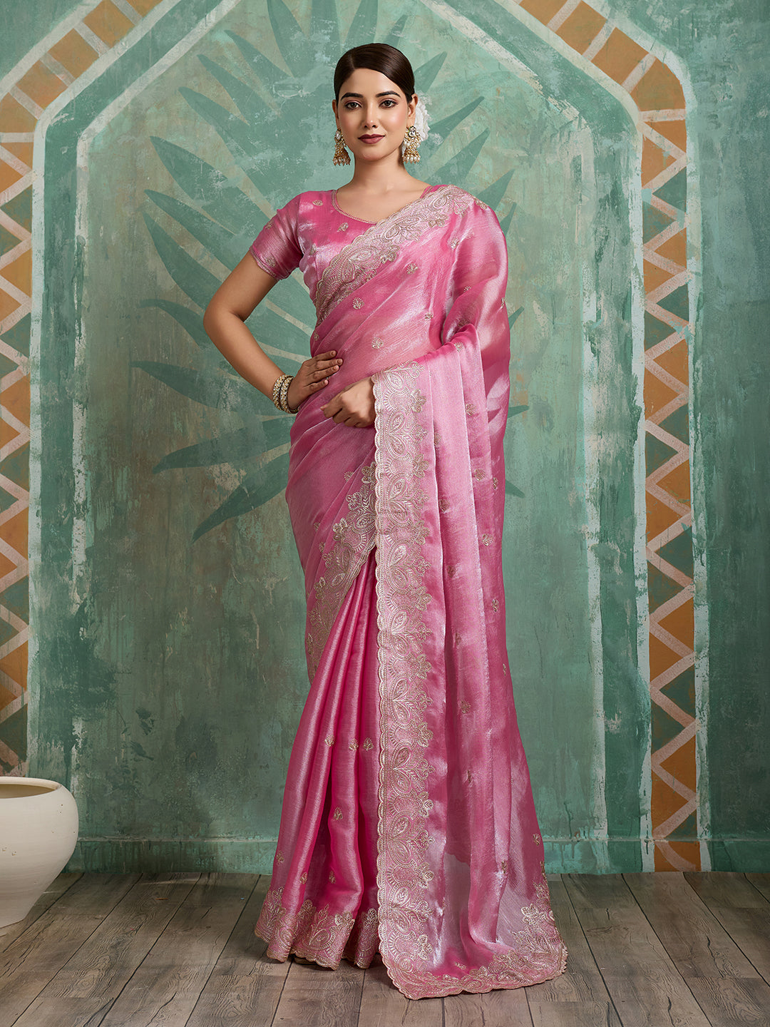 Dwija Fashion Pink Party Wear Embroidered Jimmy Choo Organza Saree With Unstitched Blouse