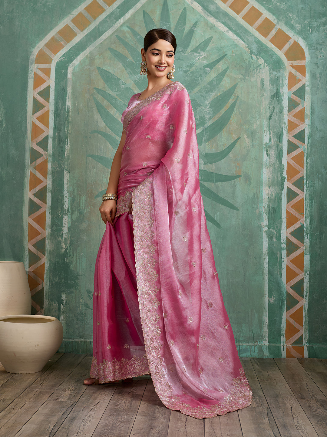 Dwija Fashion Pink Party Wear Embroidered Jimmy Choo Organza Saree With Unstitched Blouse