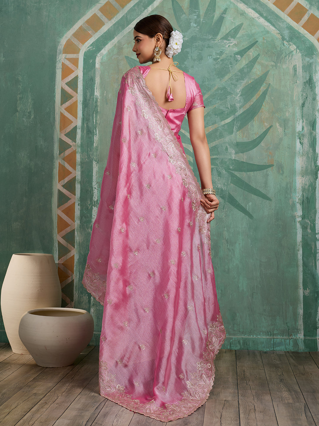 Dwija Fashion Pink Party Wear Embroidered Jimmy Choo Organza Saree With Unstitched Blouse