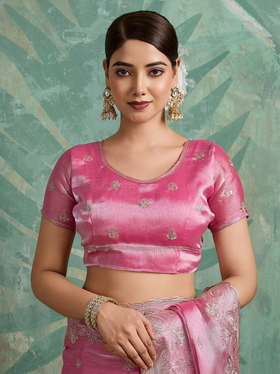 Dwija Fashion Pink Party Wear Embroidered Jimmy Choo Organza Saree With Unstitched Blouse