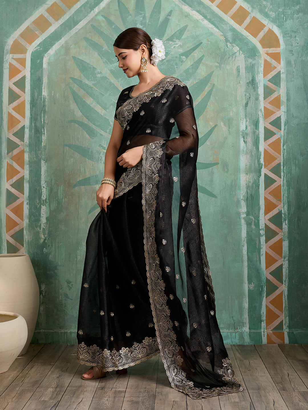 Dwija Fashion Black Party Wear Embroidered Jimmy Choo Organza Saree With Unstitched Blouse