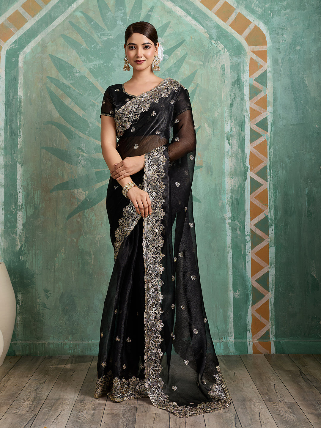 Dwija Fashion Black Party Wear Embroidered Jimmy Choo Organza Saree With Unstitched Blouse