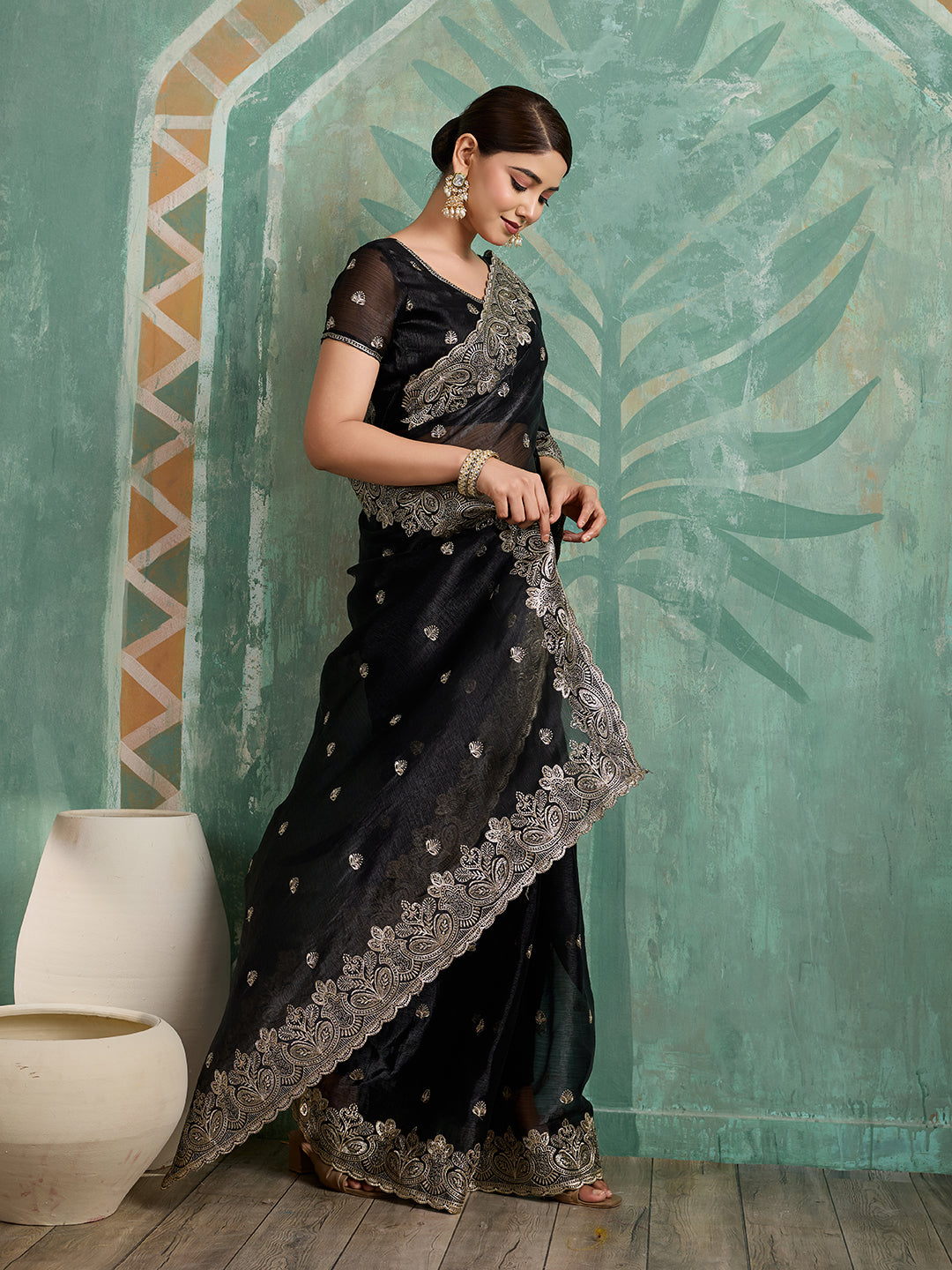 Dwija Fashion Black Party Wear Embroidered Jimmy Choo Organza Saree With Unstitched Blouse