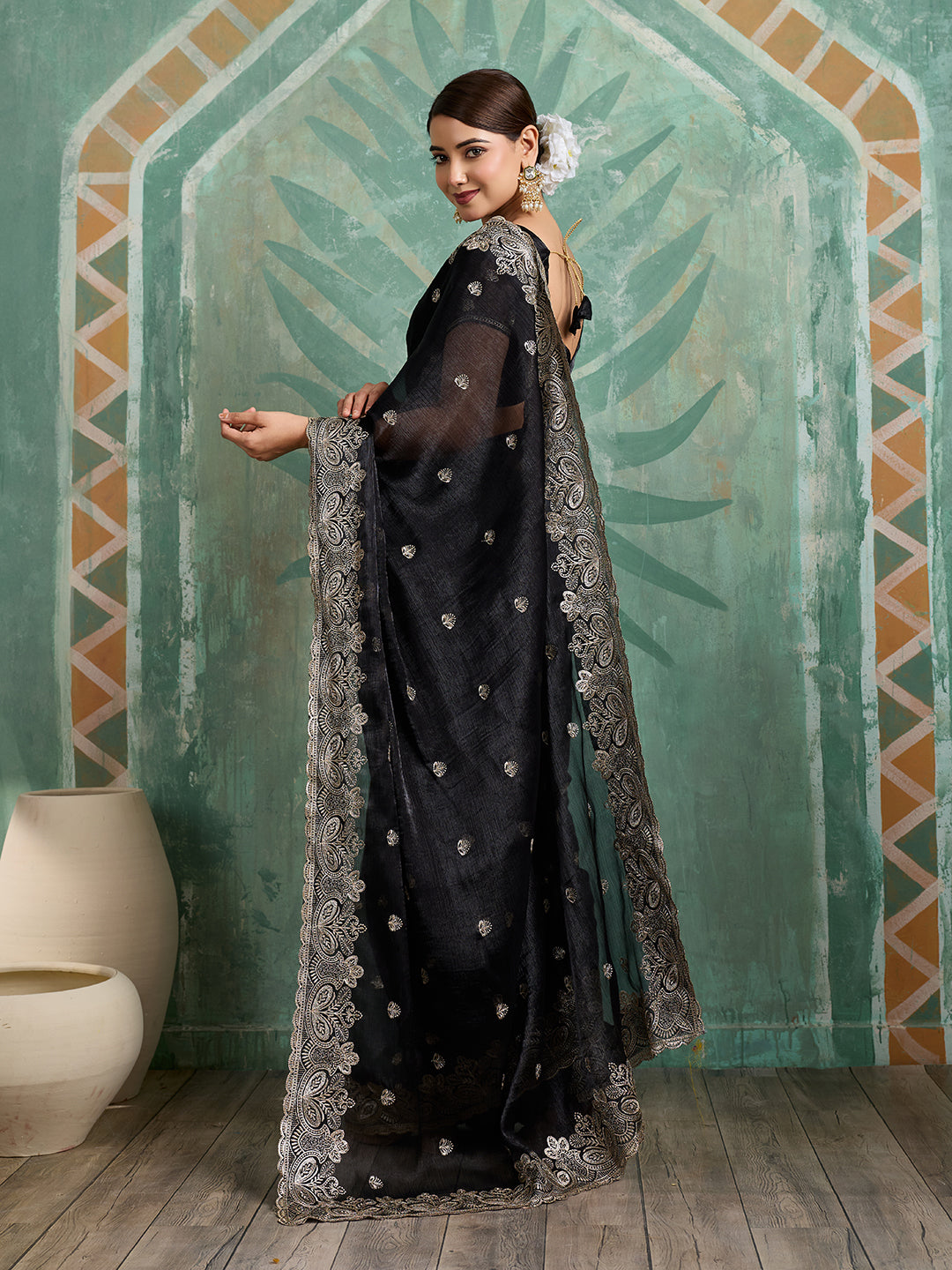 Dwija Fashion Black Party Wear Embroidered Jimmy Choo Organza Saree With Unstitched Blouse