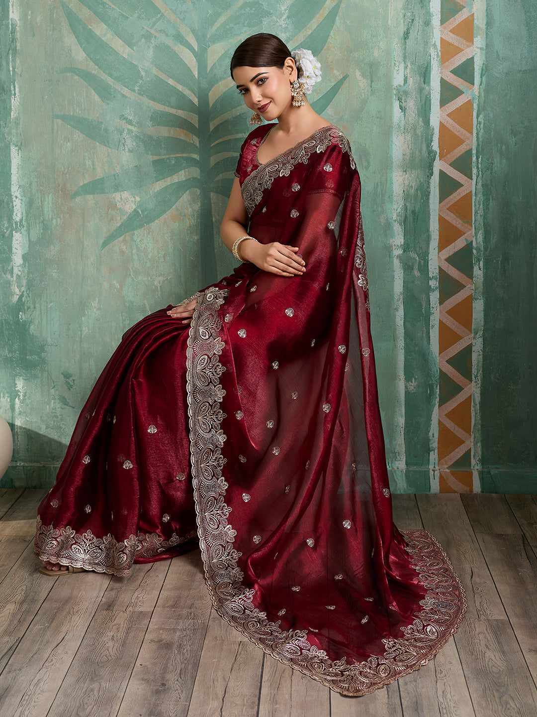 Dwija Fashion Maroon Party Wear Embroidered Jimmy Choo Organza Saree With Unstitched Blouse