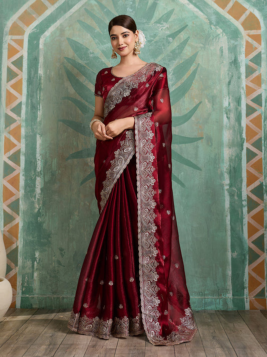 Dwija Fashion Maroon Party Wear Embroidered Jimmy Choo Organza Saree With Unstitched Blouse