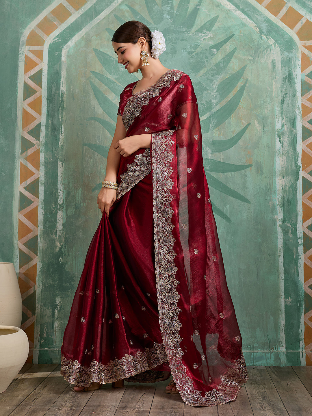 Dwija Fashion Maroon Party Wear Embroidered Jimmy Choo Organza Saree With Unstitched Blouse