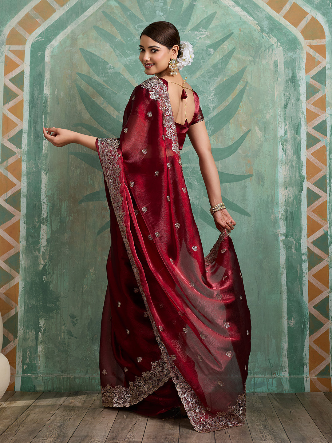 Dwija Fashion Maroon Party Wear Embroidered Jimmy Choo Organza Saree With Unstitched Blouse