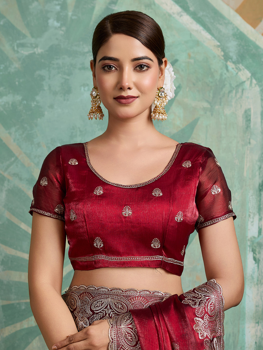 Dwija Fashion Maroon Party Wear Embroidered Jimmy Choo Organza Saree With Unstitched Blouse