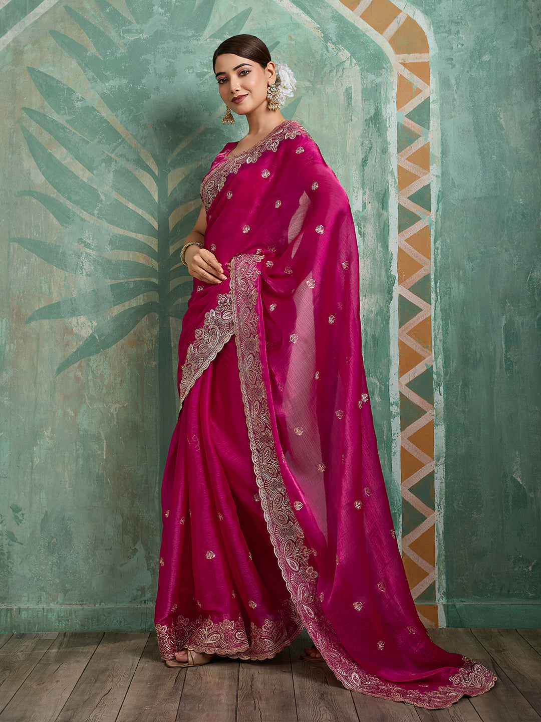 Dwija Fashion Pink Party Wear Embroidered Jimmy Choo Organza Saree With Unstitched Blouse