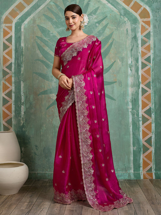 Dwija Fashion Pink Party Wear Embroidered Jimmy Choo Organza Saree With Unstitched Blouse