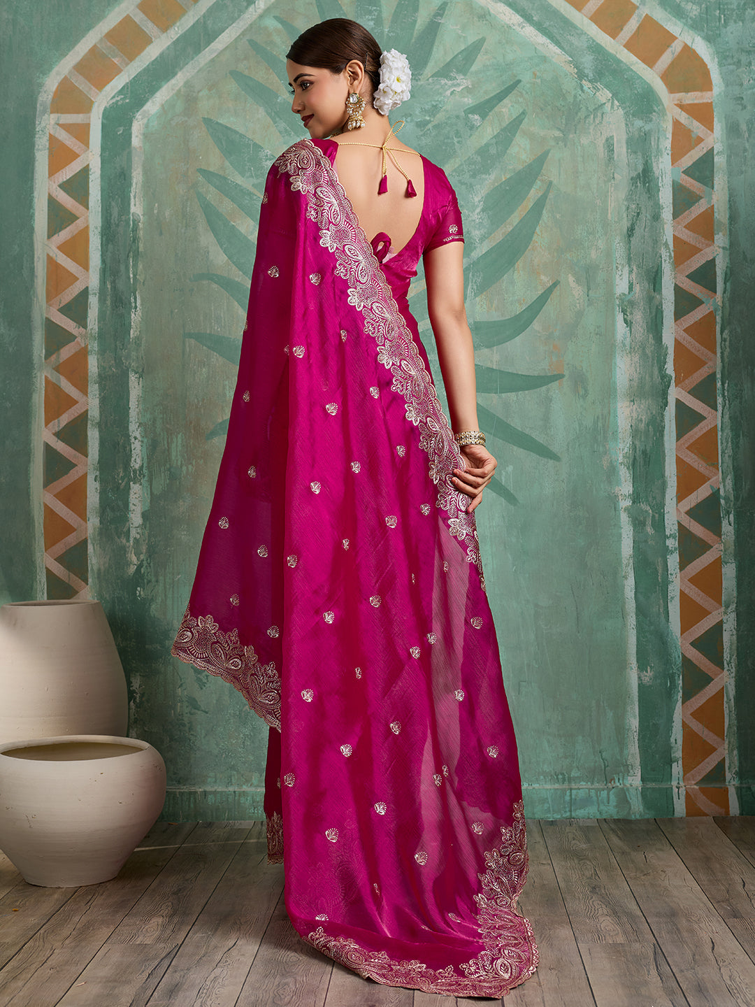 Dwija Fashion Pink Party Wear Embroidered Jimmy Choo Organza Saree With Unstitched Blouse