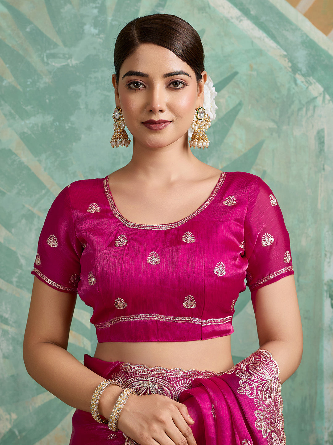 Dwija Fashion Pink Party Wear Embroidered Jimmy Choo Organza Saree With Unstitched Blouse